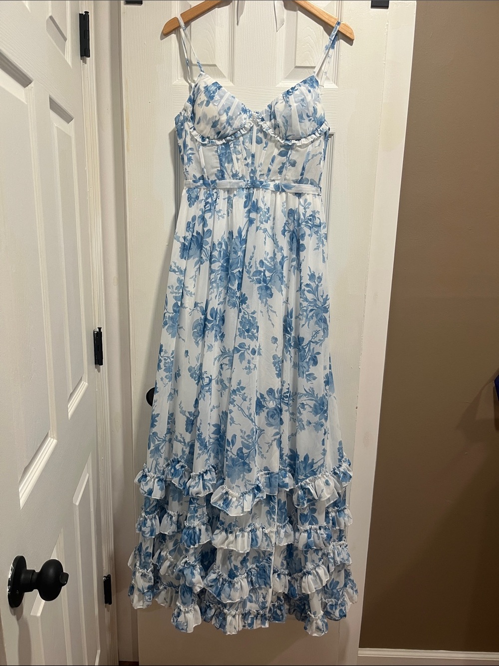 Blue Floral Ruffle Maxi Dress - Elegant Formal Wear BRAND NEW